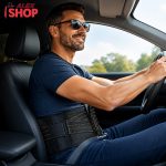 Muškarac vozi automobil i nosi ortopedski pojas steznik za donji deo leđa i kičme
