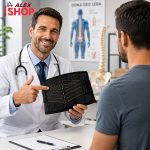 Doktor pokazuje ortopedski pojas steznik za donji deo leđa i kičme pacijentu