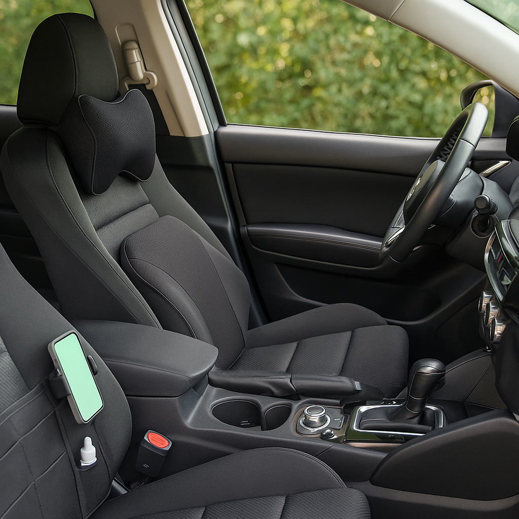 unutrašnjost automobila sa jastukom od memorijske pene, držačem telefona i organizatorom na sedištu
