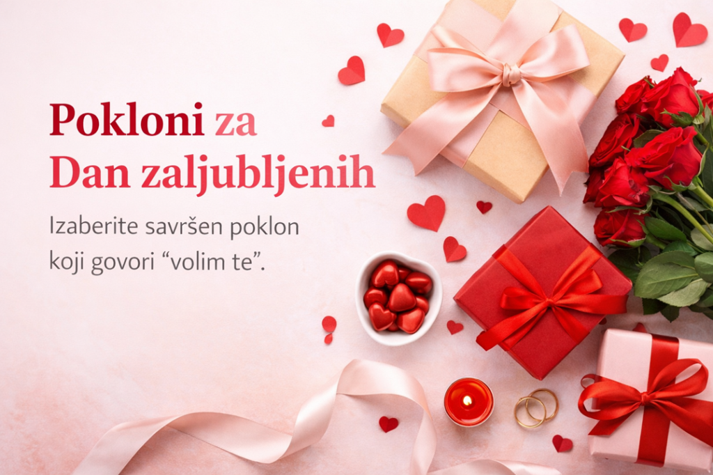 Flat lay aranžman za Dan zaljubljenih sa poklonima, cvećem, čokoladom i srcima na svetloj pozadini