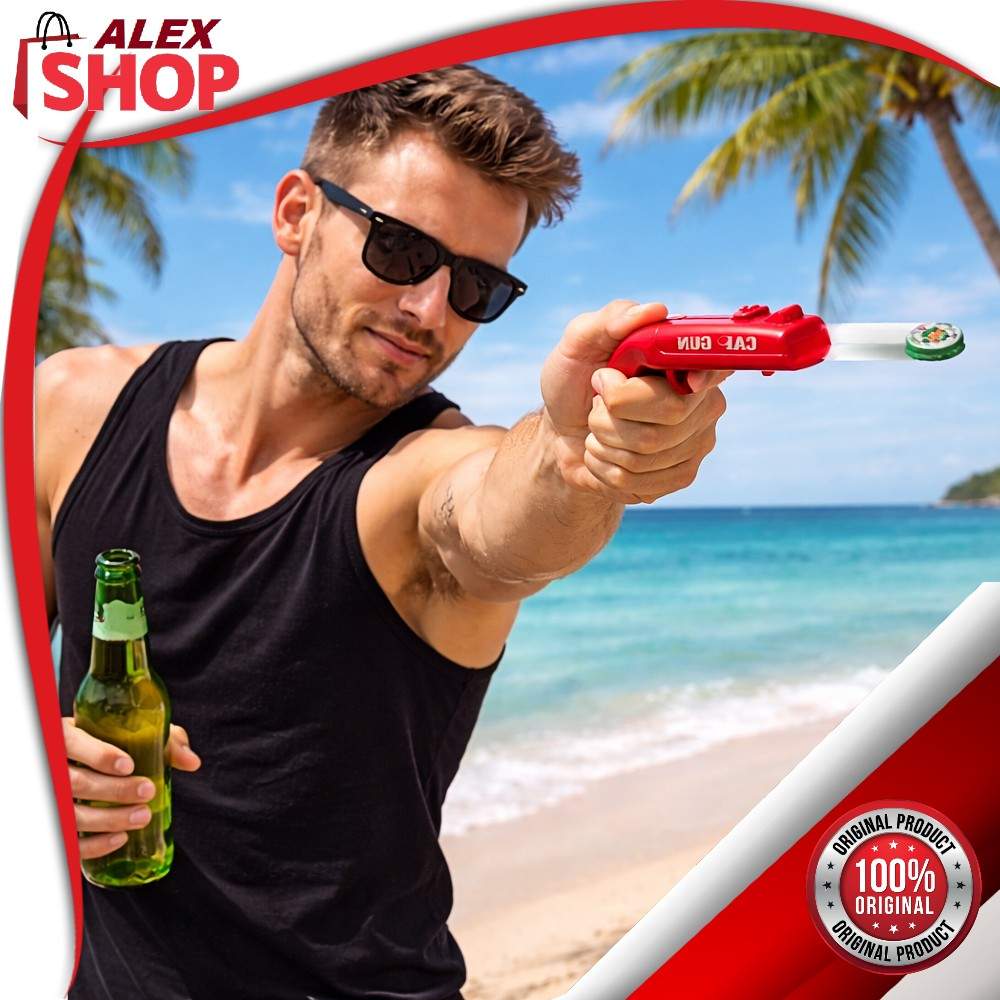 pistolj-otvrac-za-flase-isapljivac-1 (1) Muškarac na plaži koristi pištolj otvarač za flaše i ispaljuje čep