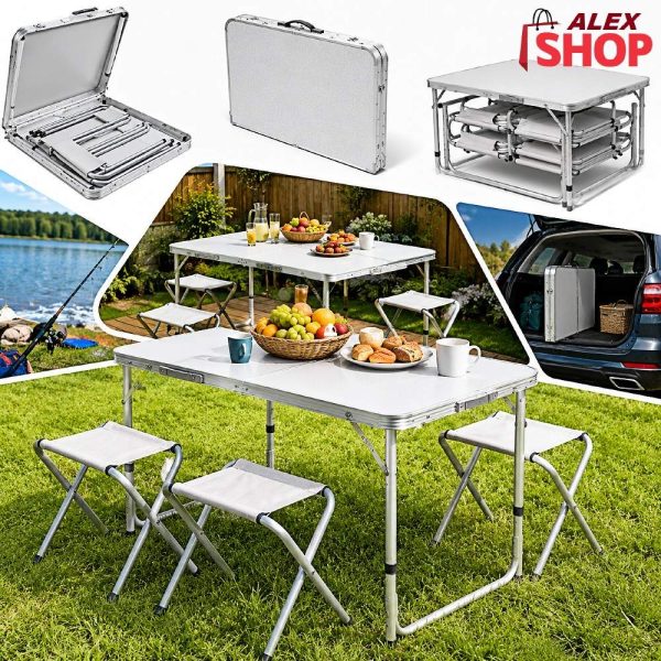 Sklopivi aluminijumski kamp sto sa 4 stolice i prikazom sklapanja