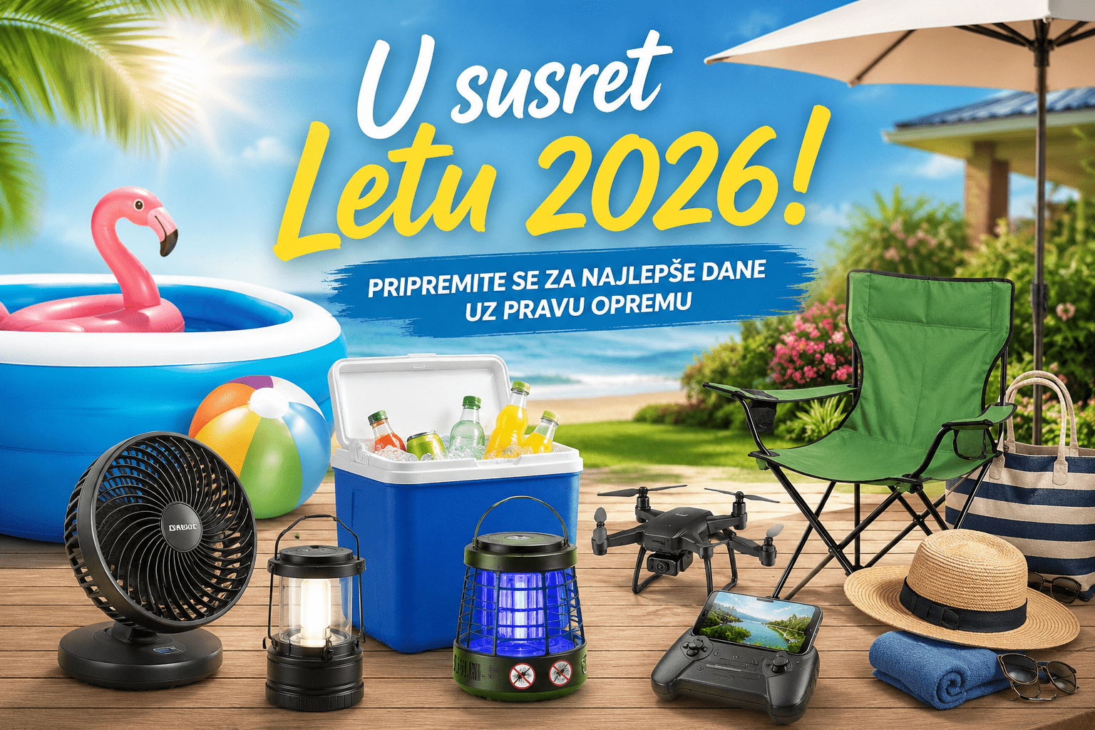 Letnja oprema za sezonu 2026 – bazen, frižider, stolica za kampovanje, dron i proizvodi za uživanje na plaži i u dvorištu