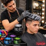 Frizer nanosi srebrnu kremu za kosu muškarcu u modernom barbershop salonu