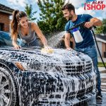 Muškarac i žena peru automobil koristeći pištolj za penu i sunđer