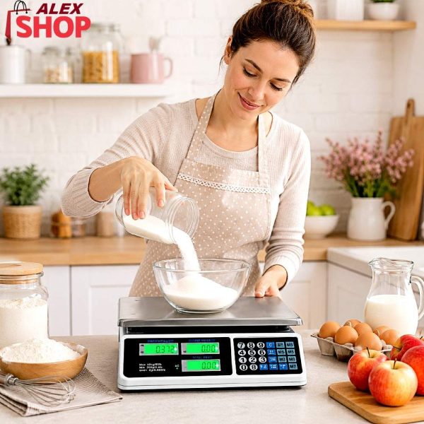 Domaćica meri šećer pomoću profesionalne digitalne vage 40kg u kuhinji
