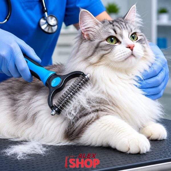 Veterinar koristi četku za uklanjanje poddlake na dugodlakoj mački.