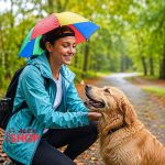 Žena šeta psa po kiši noseći šareni kišobran za glavu