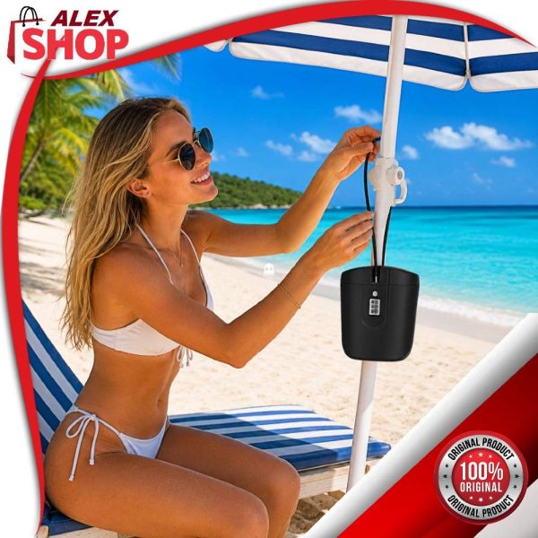 Devojka na plaži kači vodootporni mini sef sa sigurnosnim zaključavanjem na suncobran