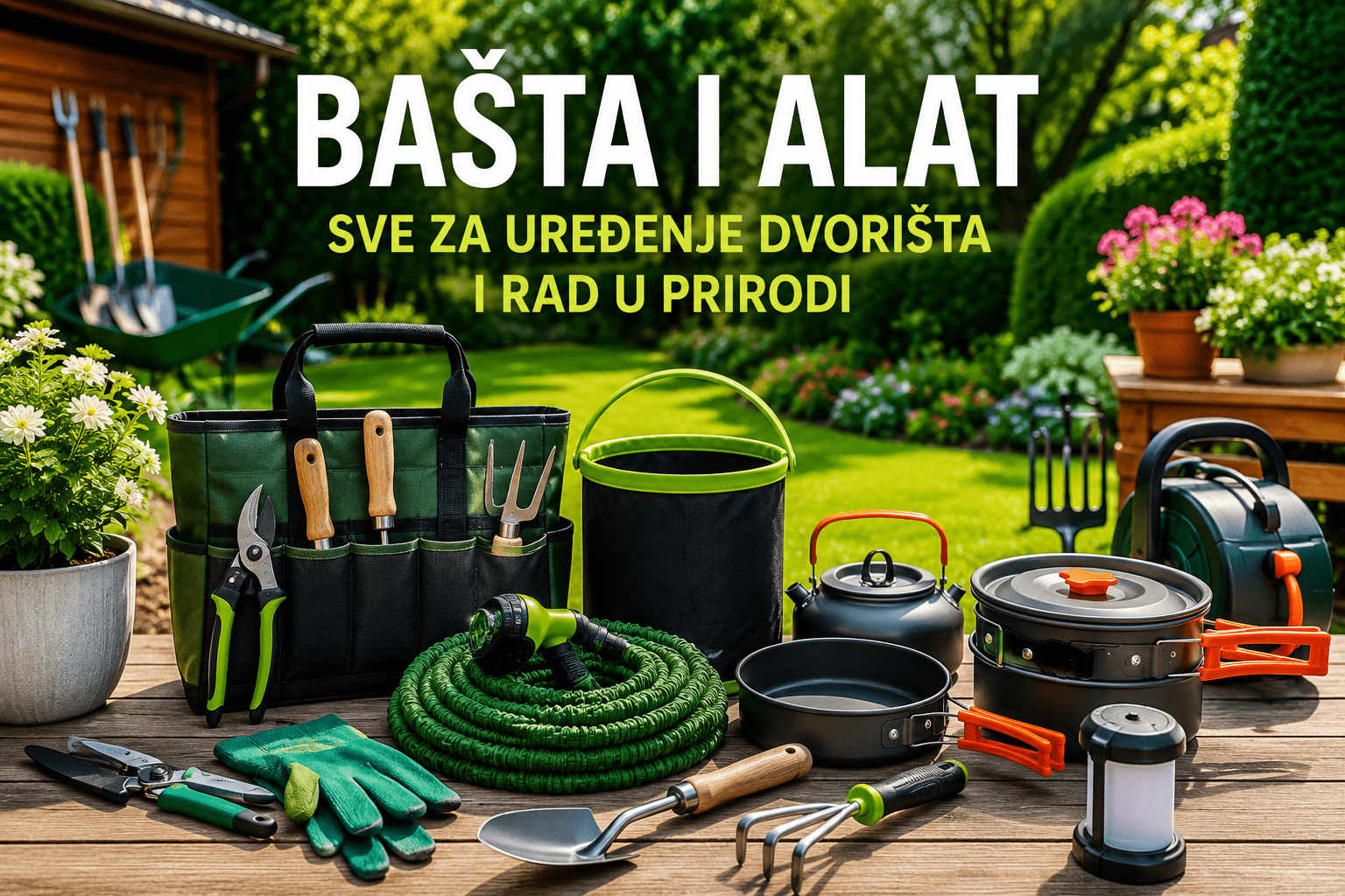 Bašta i alat za uređenje dvorišta, baštenski alat, oprema za kampovanje i pribor za rad u prirodi.