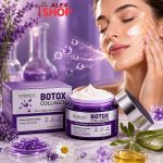 Noćna Botox Collagen krema sa kolagenom i keratinom prikazana uz kutiju proizvoda i ilustraciju dubinske hidratacije i zategnutijeg izgleda kože.