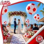 Džinovski crveno-beli balon fudbalska lopta kao dekoracija za venčanje na plaži