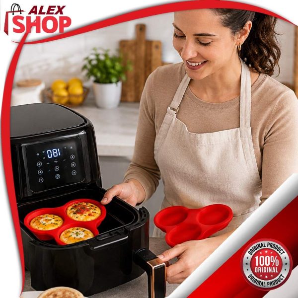 Silikonski kalup za Air Fryer sa tri odeljka za pripremu jaja, mafina i drugih jela.