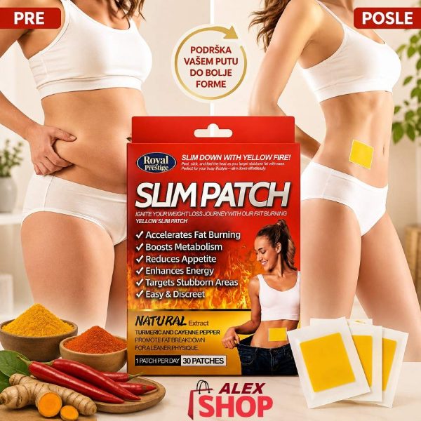 Slim Patch biljni flasteri za mršavljenje sa prikazom primene na stomaku.