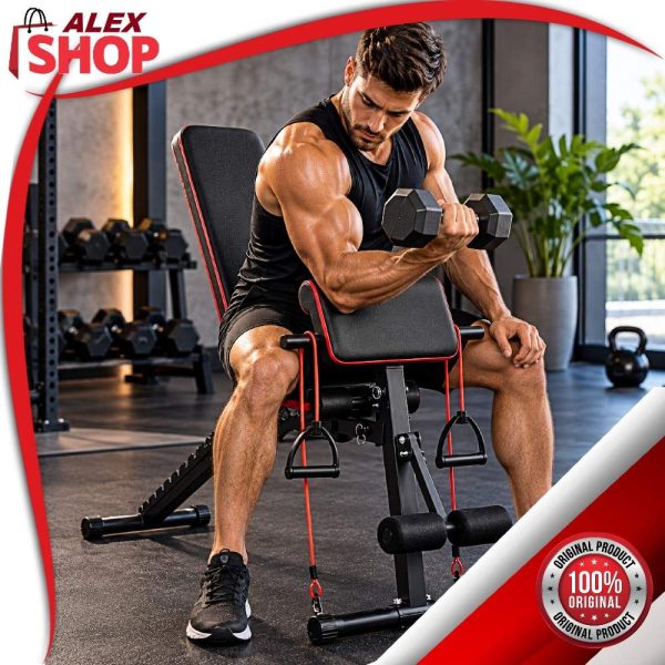 Muškarac vežba sa tegovima na multifunkcionalnoj fitness klupi za vežbanje 7u1
