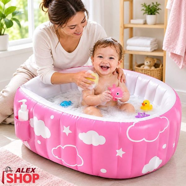 Mama kupa dete u roze naduvavajućoj kadici za bebe sa igračkama