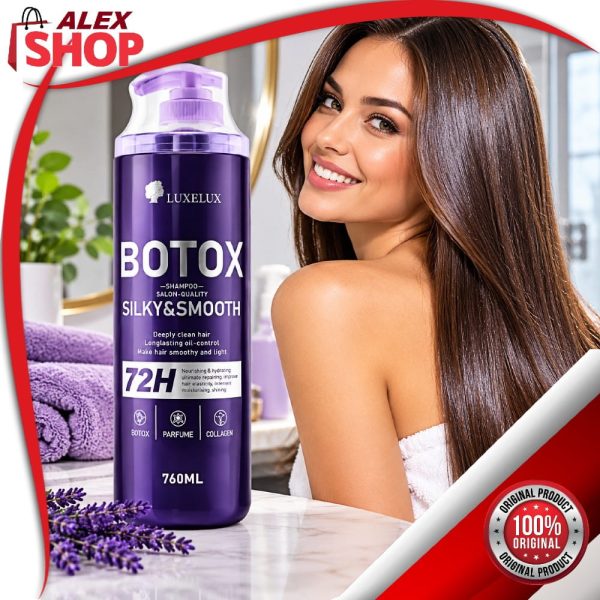 LUXELUX Botox Silky & Smooth šampon za kosu 760 ml pored nasmejane žene sa dugom, glatkom i sjajnom smeđom kosom.