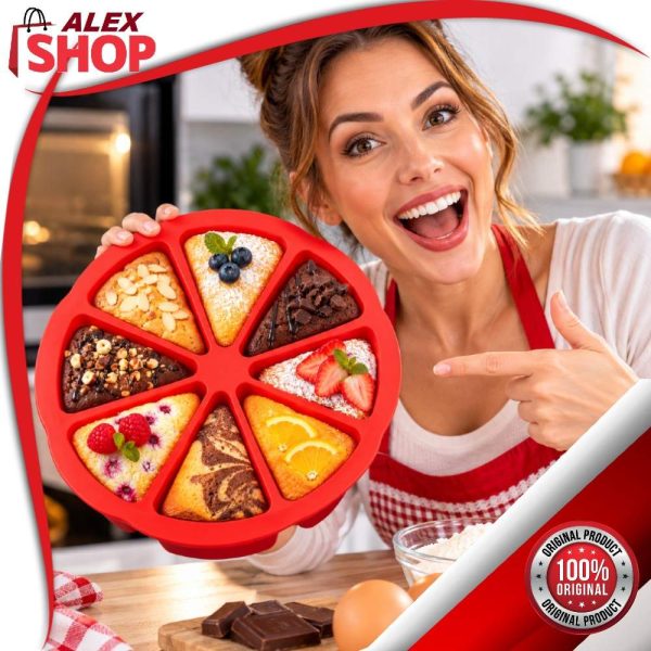 Silikonski kalup za kolače i torte sa 8 trouglastih parčića – žena pokazuje dekorisane kolače različitih ukusa